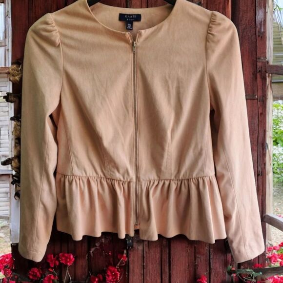 Kaari Blue Peplum Jacket Womens XS Pink Blush Faux Suede Zip Cuffs Full Zip - Picture 2 of 9